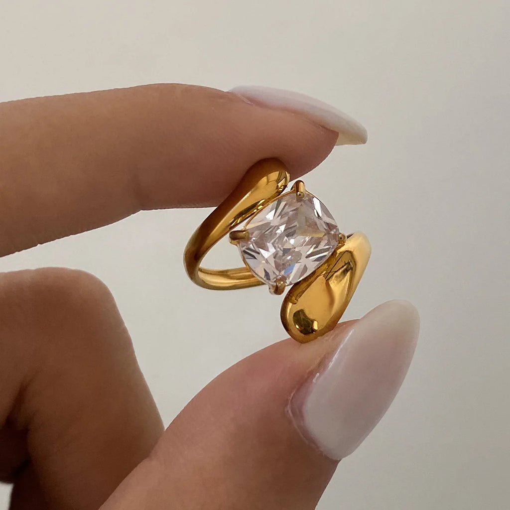 Water Drop Shaped Large Zircon open Rings18K Gold Plated