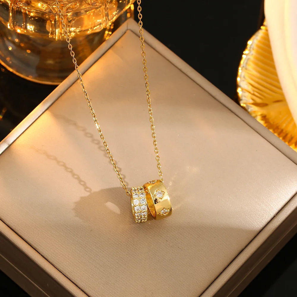 Luxury Double Circle Necklace Stainless Steel Zircon Geometric Crystal