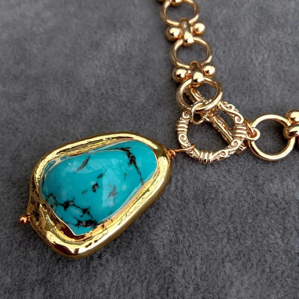 Y.YING Gold Plated Chain Chokers Necklace Blue Turquoise Pendant Designer Gems Jewelry