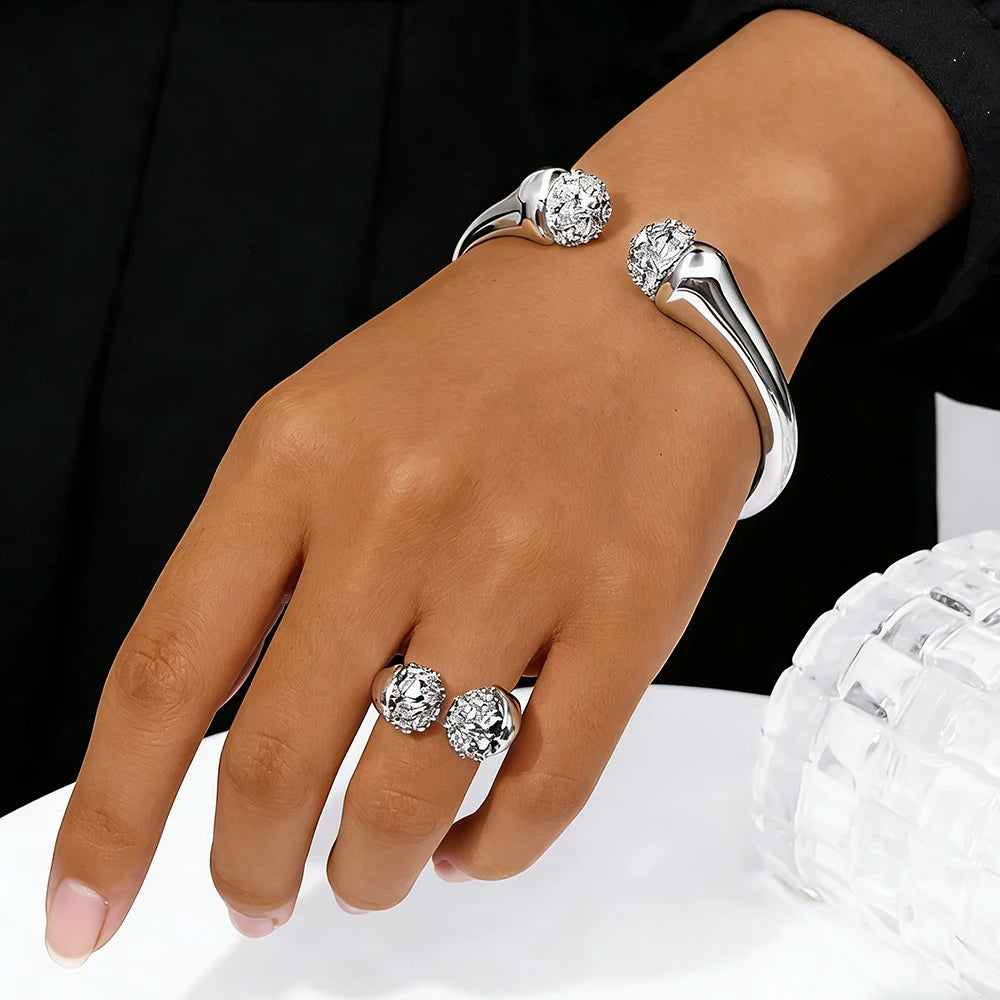 Women Bangle And Ring Set Shiny Zircon 18K Gold Plated