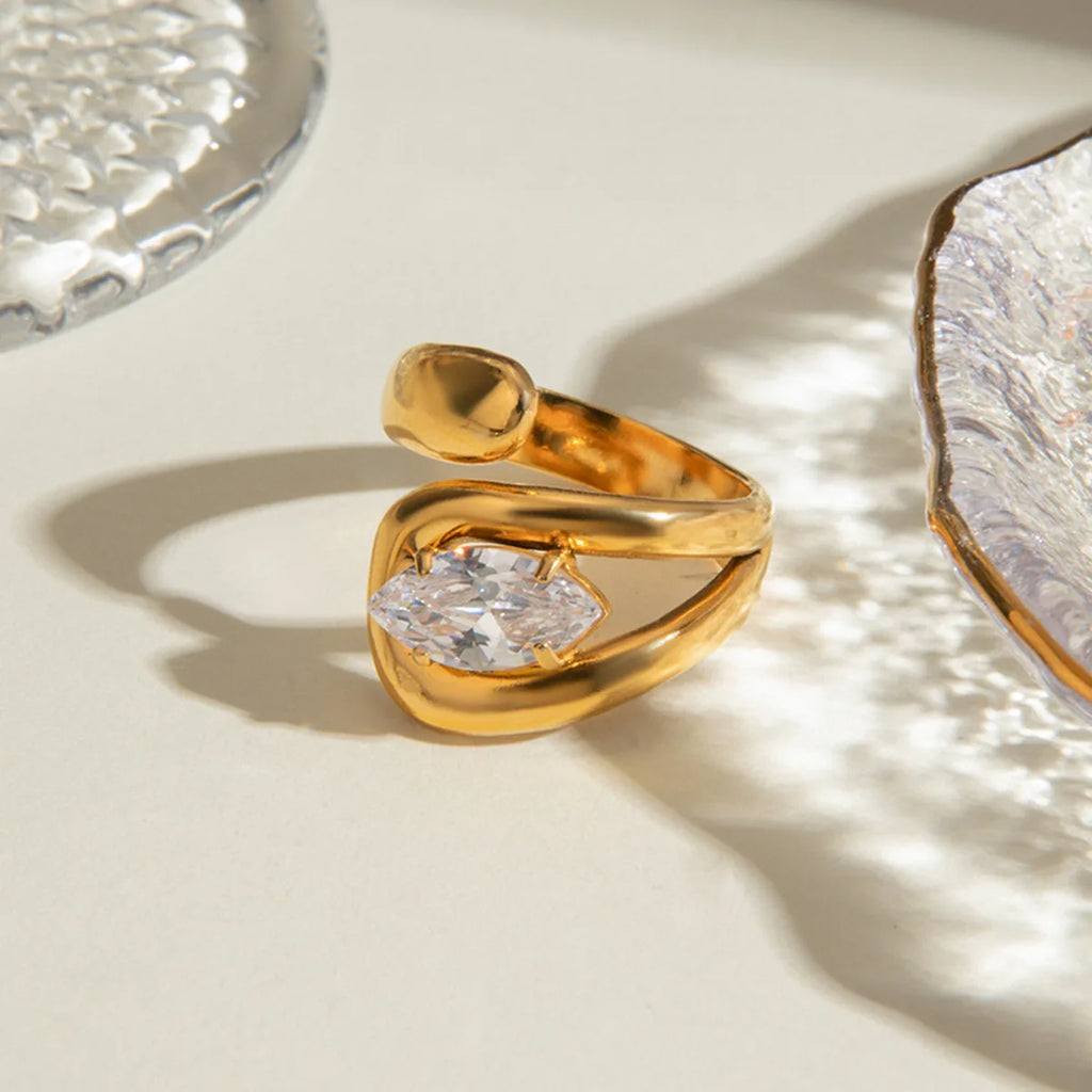 Water Drop Shaped Large Zircon open Rings18K Gold Plated