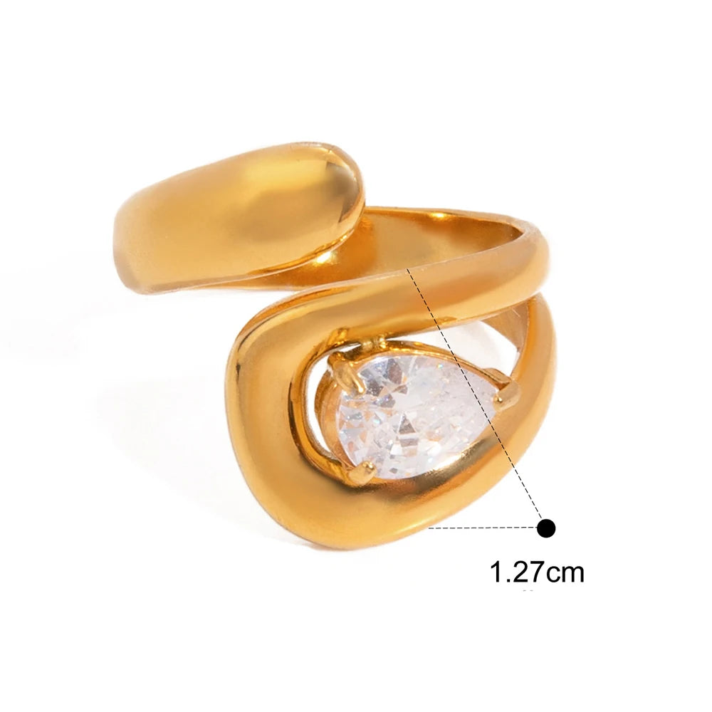 Water Drop Shaped Large Zircon open Rings18K Gold Plated