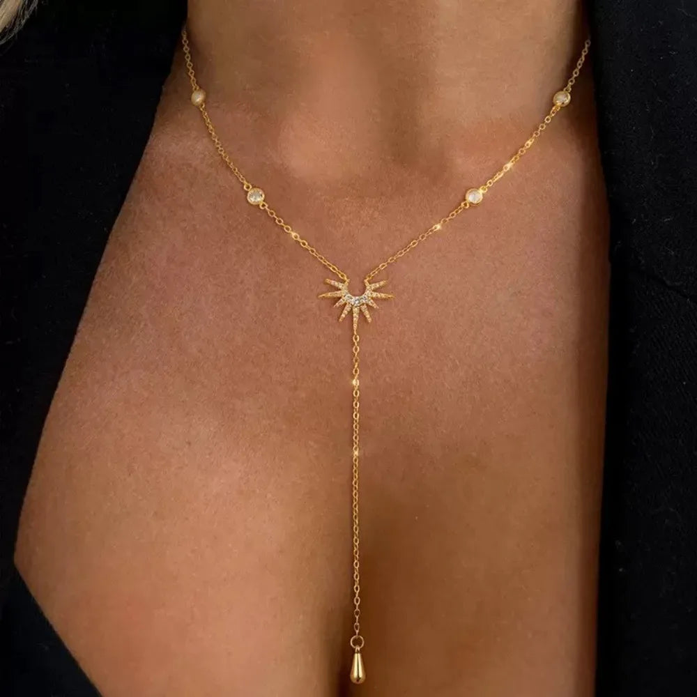 Gold Silver Color Necklace Shiny Delicate Sun Flame Long Tassel