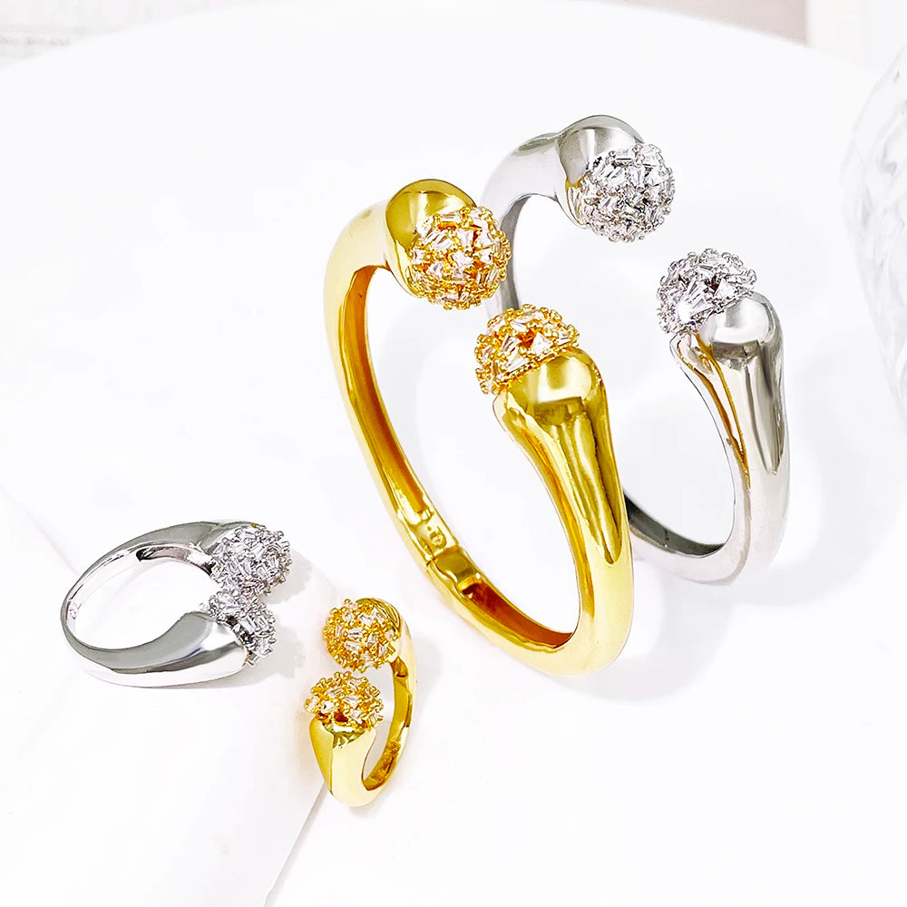 Women Bangle And Ring Set Shiny Zircon 18K Gold Plated