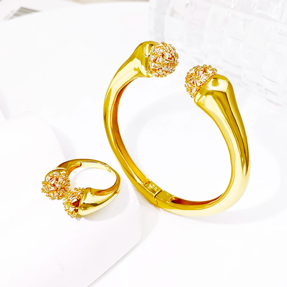 Women Bangle And Ring Set Shiny Zircon 18K Gold Plated