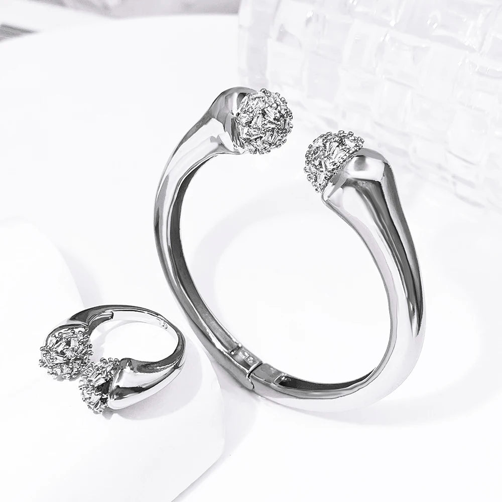 Women Bangle And Ring Set Shiny Zircon 18K Gold Plated