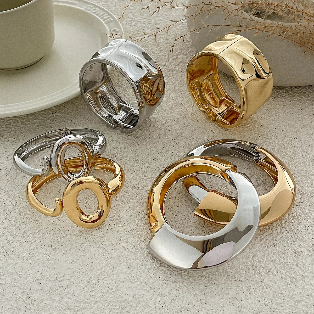 Irregular Wide Cuff Bangle for Women Vintage Gold Color Chunky Metal Bracelets