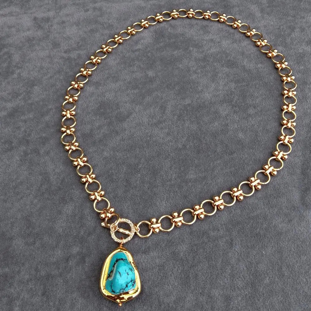 Y.YING Gold Plated Chain Chokers Necklace Blue Turquoise Pendant Designer Gems Jewelry