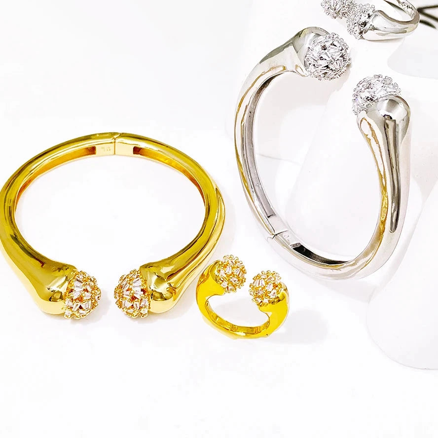 Women Bangle And Ring Set Shiny Zircon 18K Gold Plated