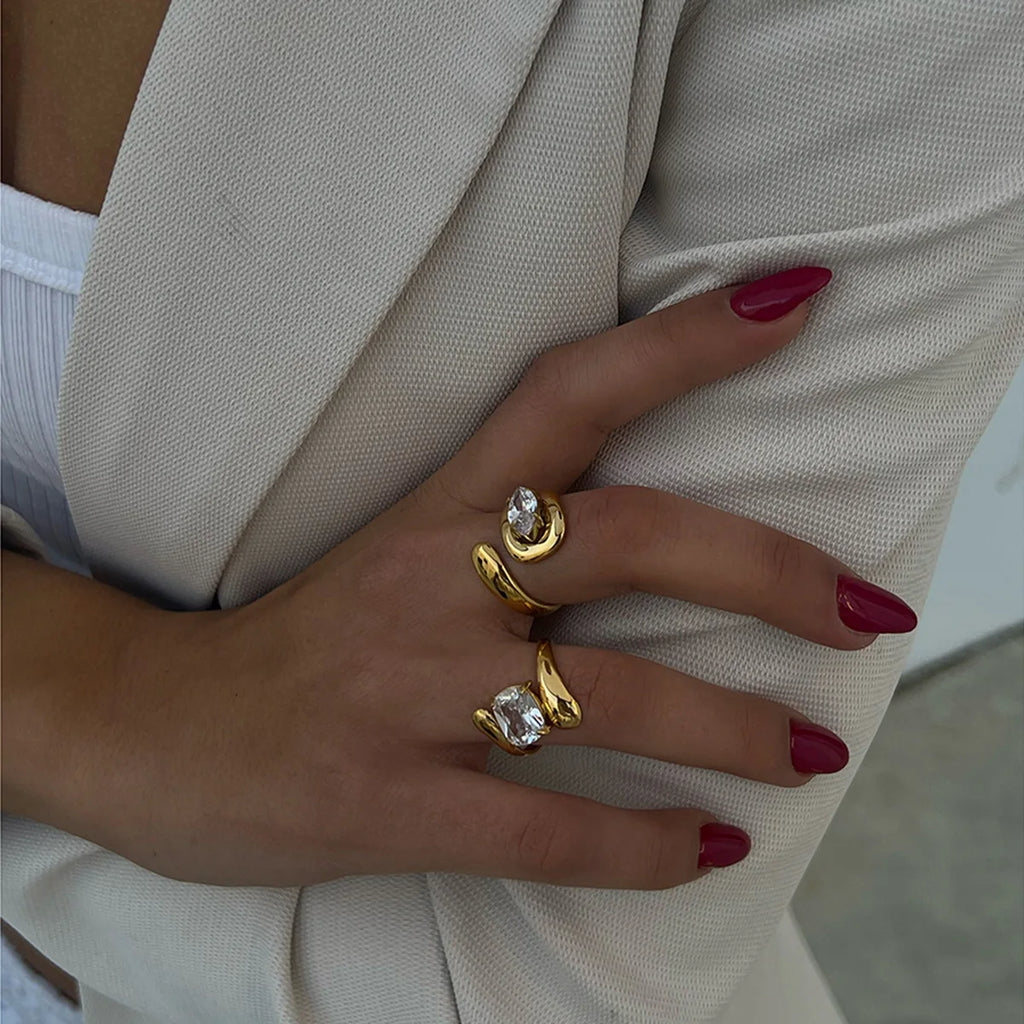 Water Drop Shaped Large Zircon open Rings18K Gold Plated