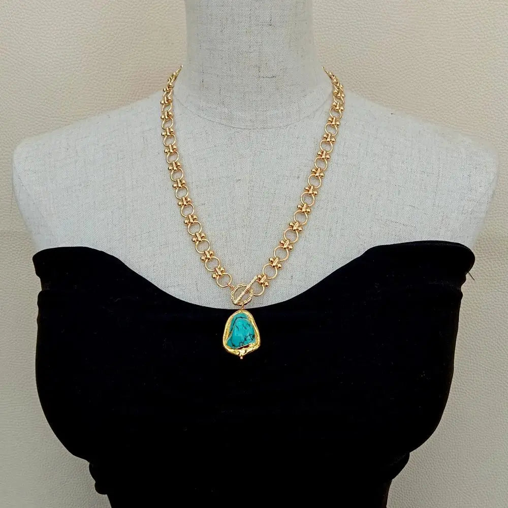 Y.YING Gold Plated Chain Chokers Necklace Blue Turquoise Pendant Designer Gems Jewelry