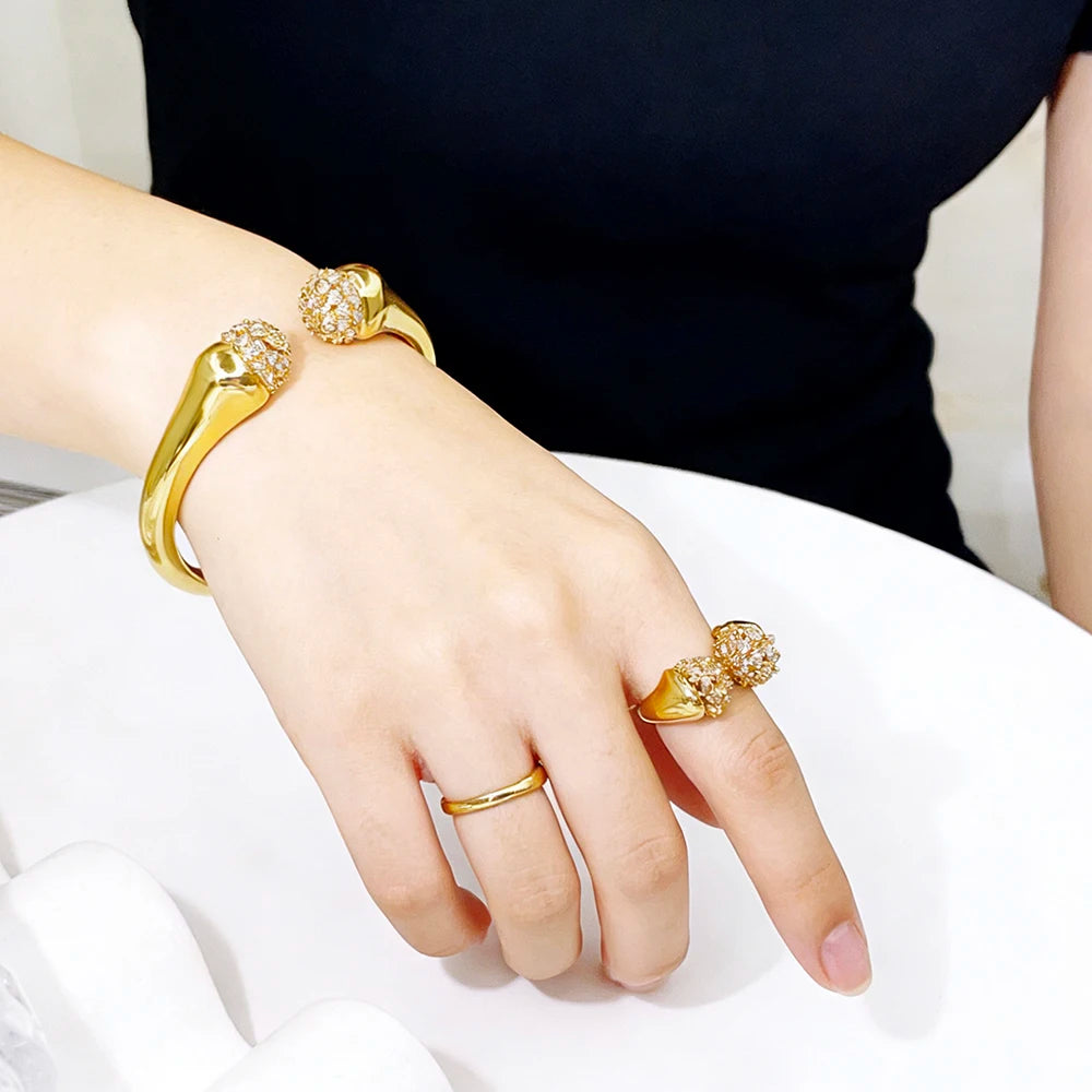 Women Bangle And Ring Set Shiny Zircon 18K Gold Plated