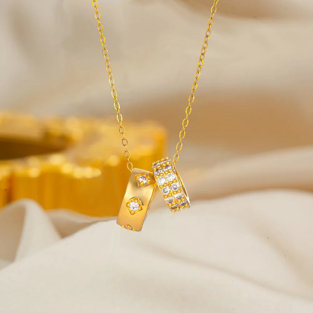 Luxury Double Circle Necklace Stainless Steel Zircon Geometric Crystal