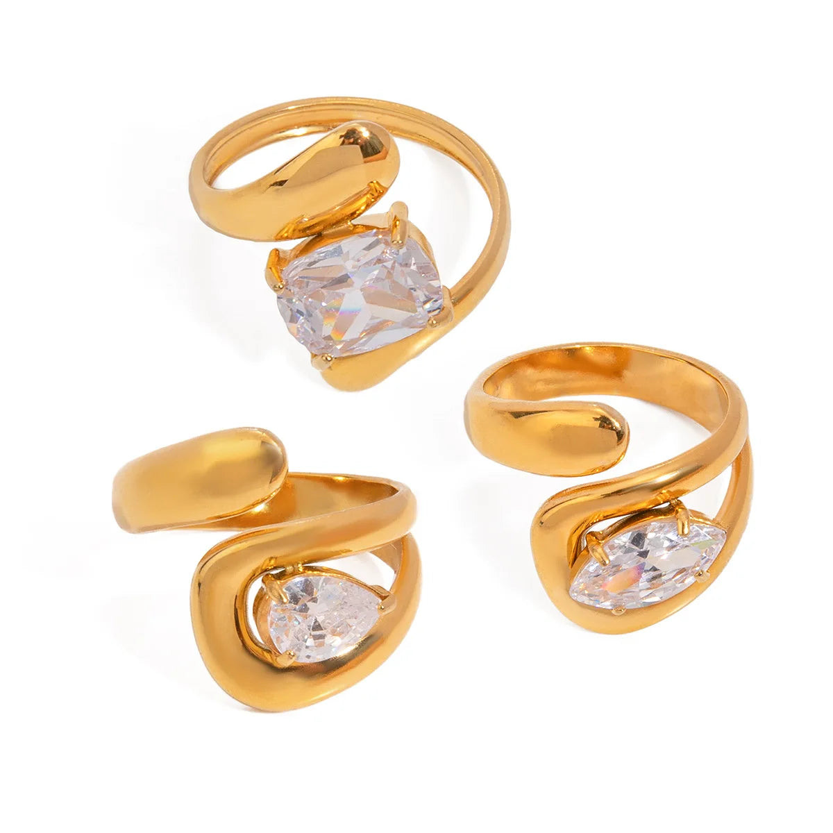 Water Drop Shaped Large Zircon open Rings18K Gold Plated