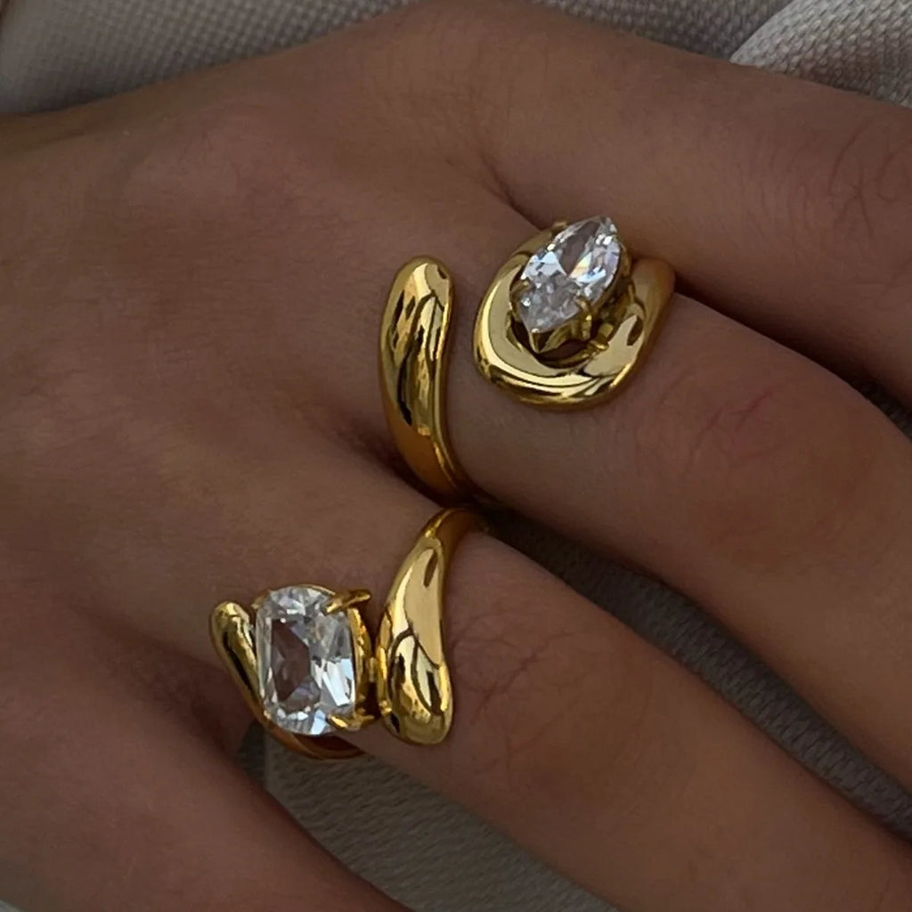Water Drop Shaped Large Zircon open Rings18K Gold Plated