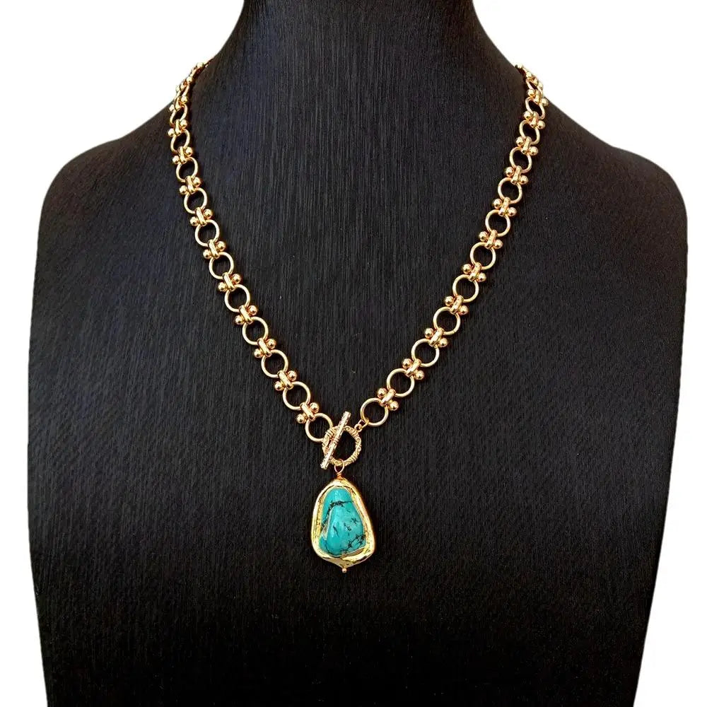 Y.YING Gold Plated Chain Chokers Necklace Blue Turquoise Pendant Designer Gems Jewelry